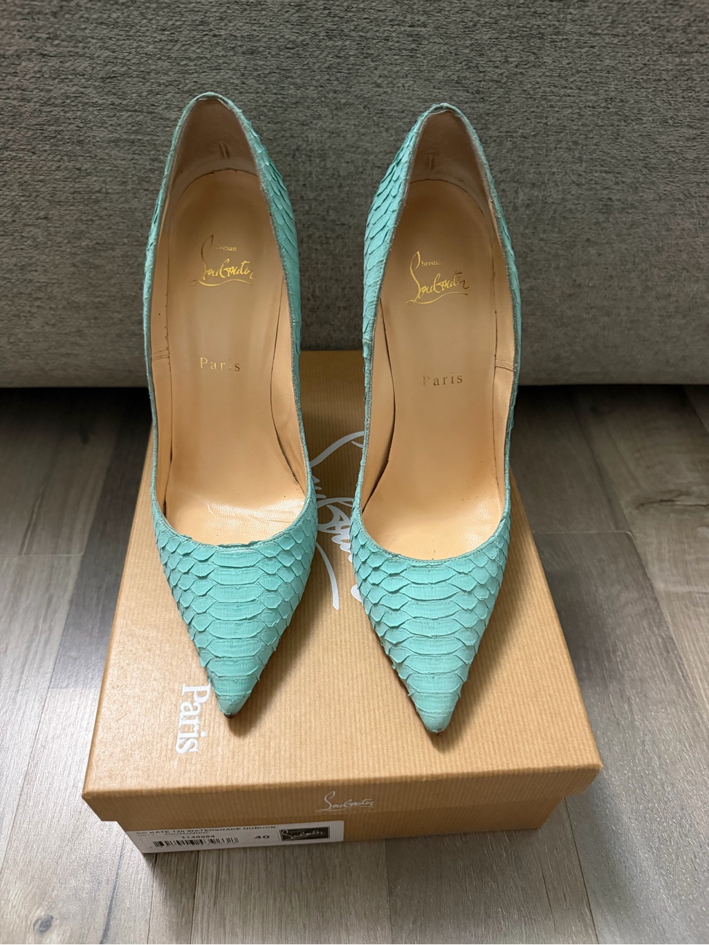 Christian Louboutin So Kate 120 Watersnake Nubuck Aquamarine Pumps Size 40